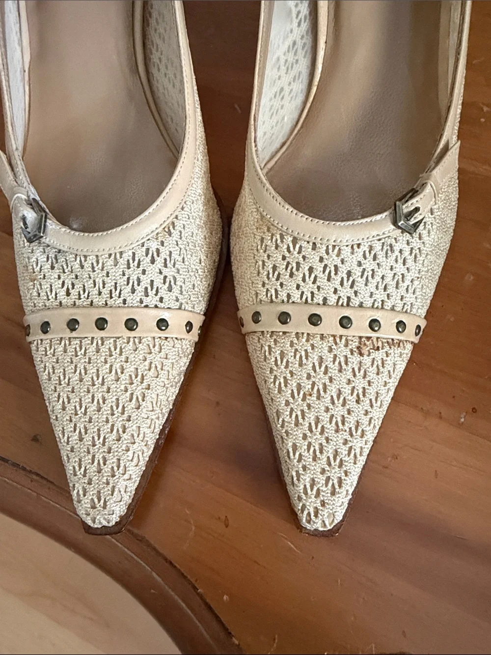 Stuart Weitzman Vintage Pointed Toe Cream Woven Pumps with Stud Accent